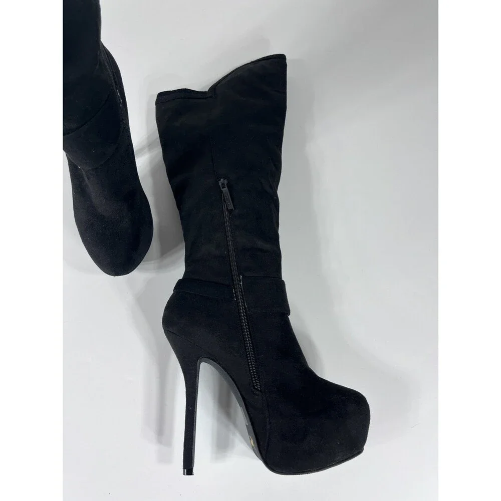 Shiekh Black Suede Over The Knee Boots Sz 9 High Heel Side Zip OTK
